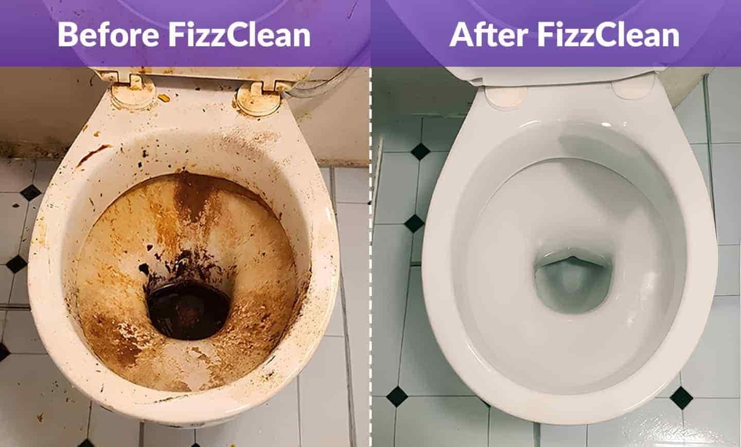 Before and after comparison of toilet bowl cleaning with FizzClean