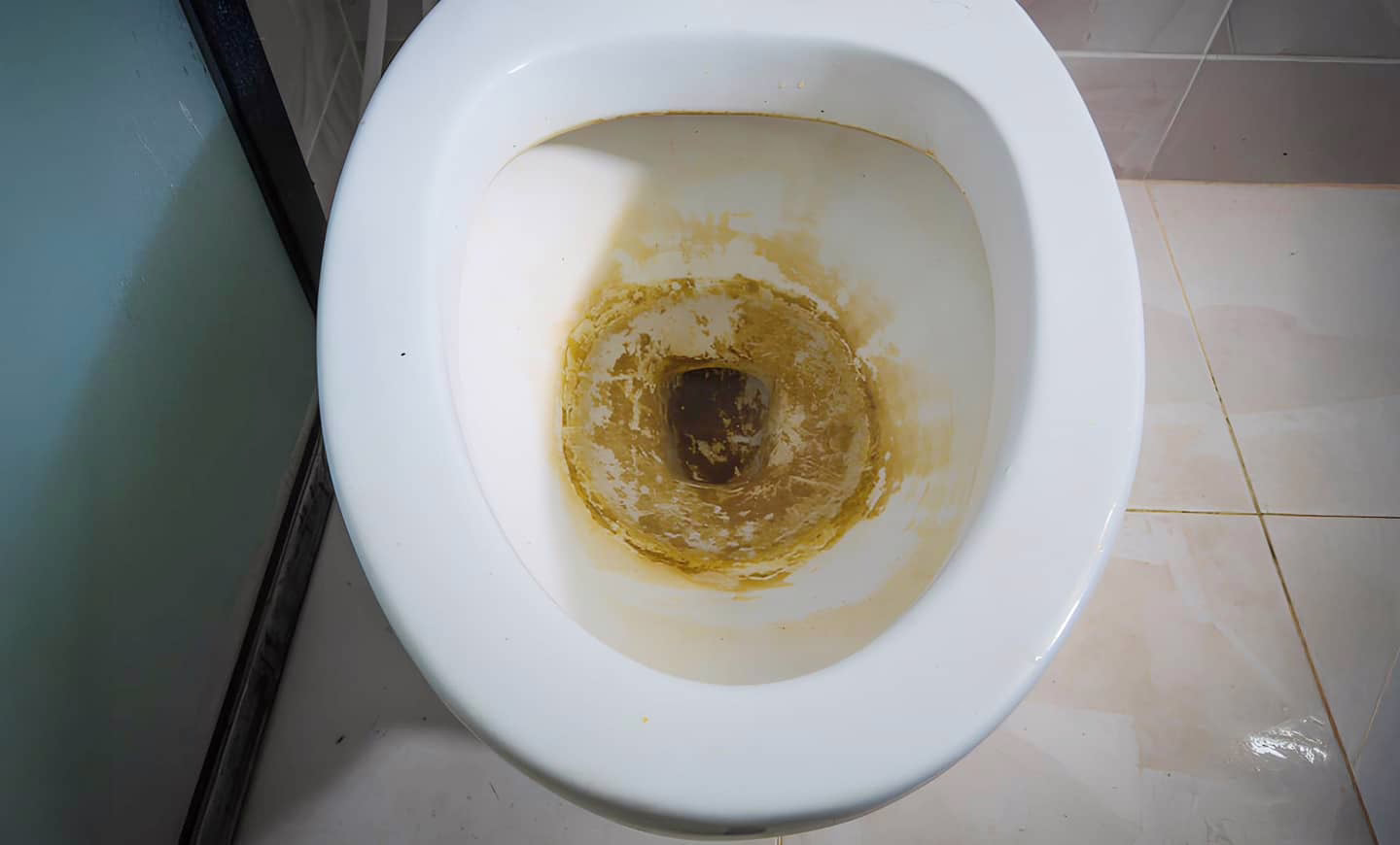Toilet bowl showing staining and buildup under the rim